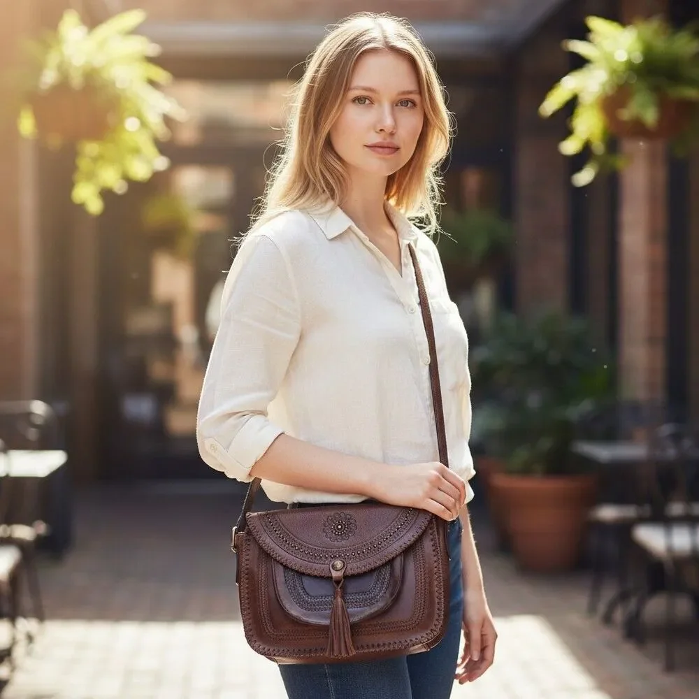Patricia Nash Beaumont Distressed Crossbody Bag Tooled Leather Brown Flap Tassel